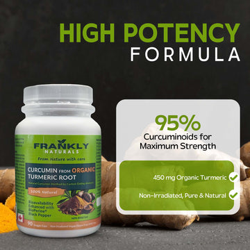Frankly Naturals Curcumin from Organic Turmeric Root with BioPerine® | 95% Curcuminoids | Carbon Dating Verified Organic | High Potency Anti-Inflammatory & Antioxidant | Vegan, Non-GMO | 90 Veggie Caps