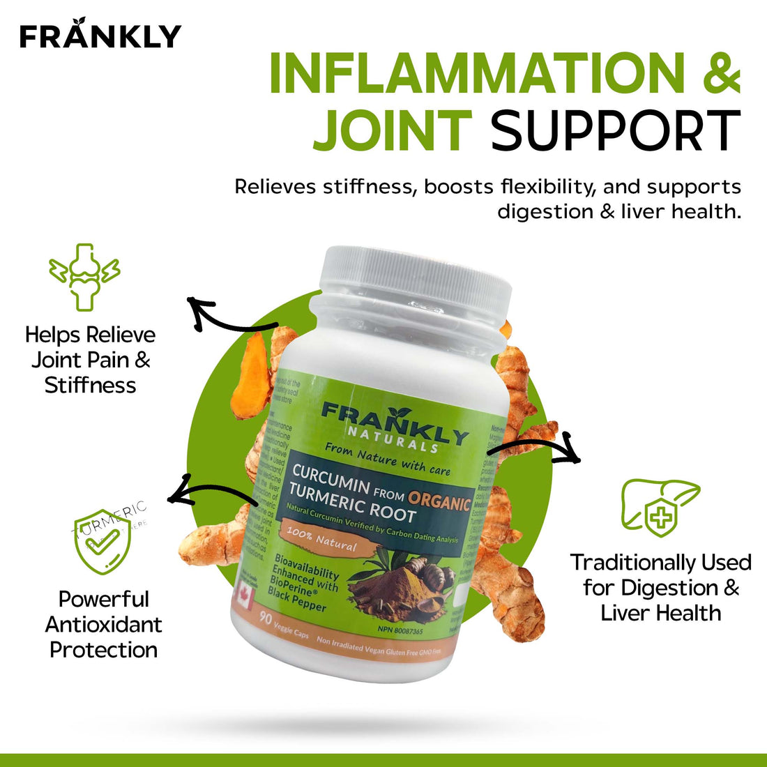 Frankly Naturals Curcumin from Organic Turmeric Root with BioPerine® | 95% Curcuminoids | Carbon Dating Verified Organic | High Potency Anti-Inflammatory & Antioxidant | Vegan, Non-GMO | 90 Veggie Caps